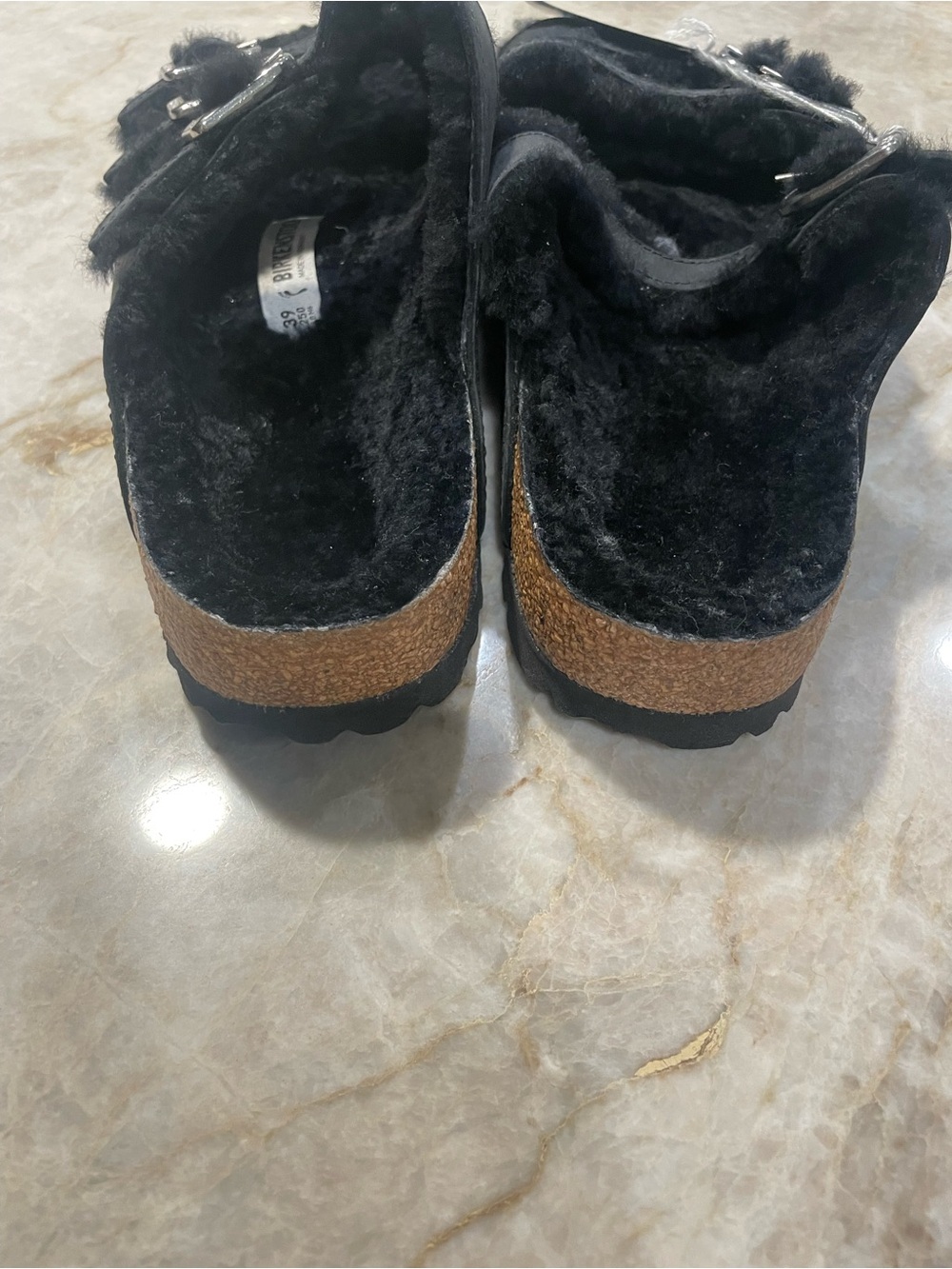 Birkenstock Triple Strap Shearling Sandals in Black - Picture 3 of 6